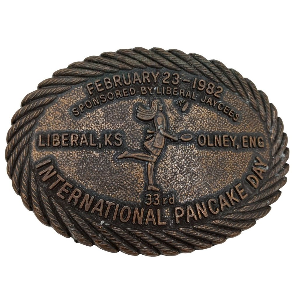 International Pancake Day Belt Buckle Liberal Kansas Olney England 1982 Vintage